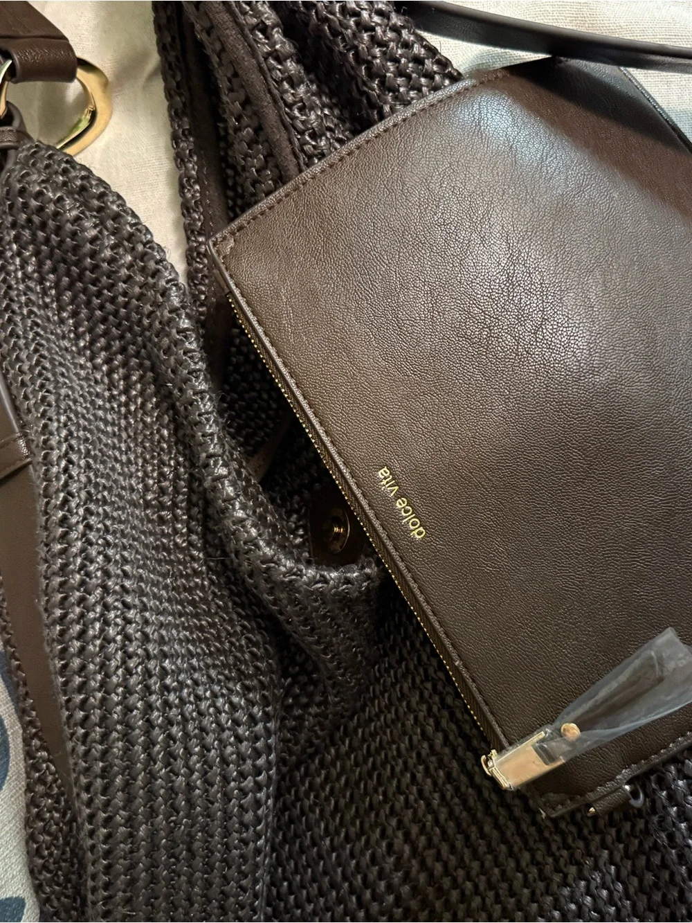 Dolce Vita raffia Woven Hobo Bag in Dark Brown with Gold Hardware